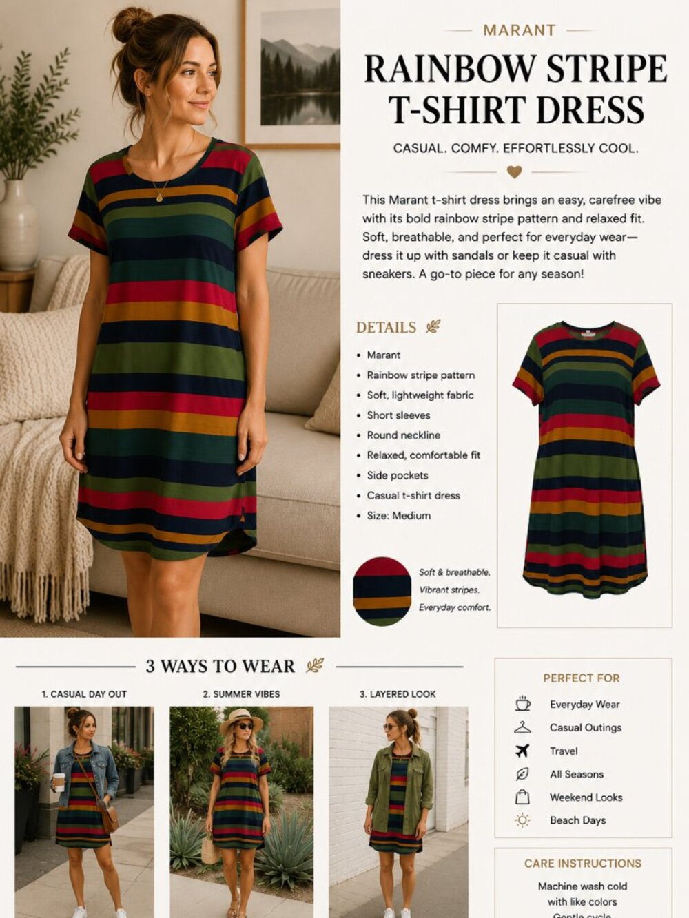 Marant T-Shirt Dress Rainbow Stripe Casual Tee SZM Weekend Lightweight